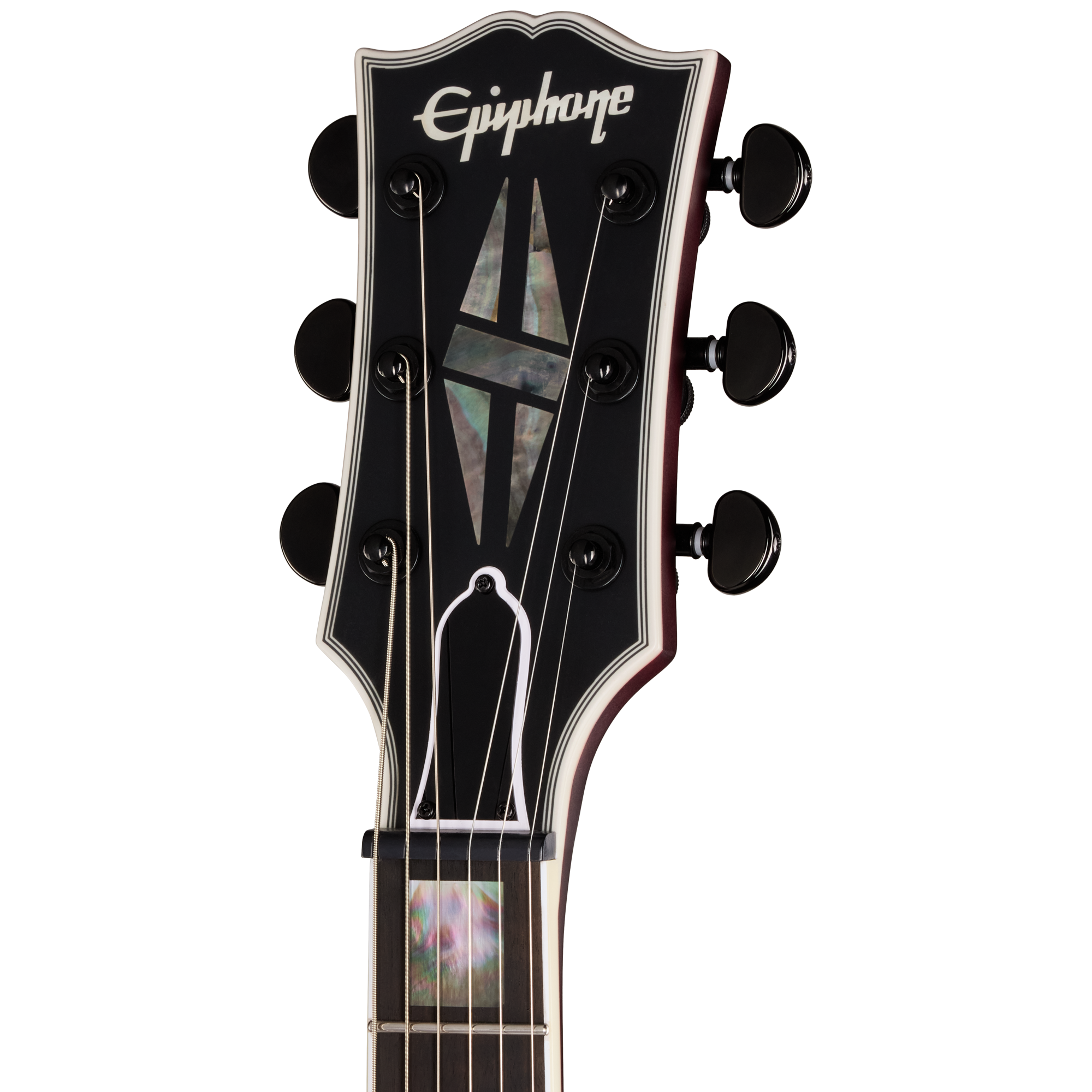 E-Gitarren-Kopfplatte, schwarzes Finish, Perlmutt-Einlage, sechs Mechaniken, Vintage-Design
